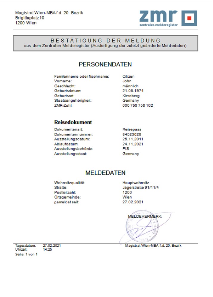 Austria ZMR Zentrales Melderegister Central register of residents document template in Word format